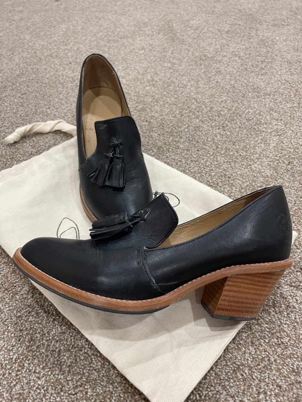 Poppy Barley Black Leather Tassel Block Heel Loafer